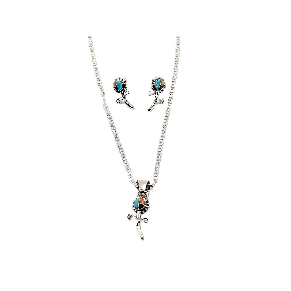 Navajo Jerome Yazzie Stem Floral Necklace Earring Set Multi-Stone Inlay Jewelry*